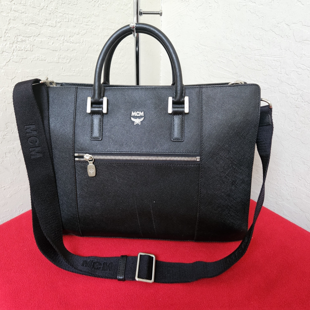 MCM Black Leather Document Laptop Satchel With Long Handle AUTHENTIC